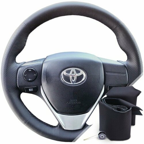 Оплетка на руль из натуральной кожи Toyota Auris II 2012-2018 г. в. (для руля без штатной кожи, черная) #0064