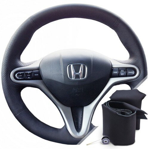 Оплетка на руль из натуральной кожи Honda Civic VIII (FD FA) 2006-2011 г. в. (для руля без штатной кожи черная) #0004