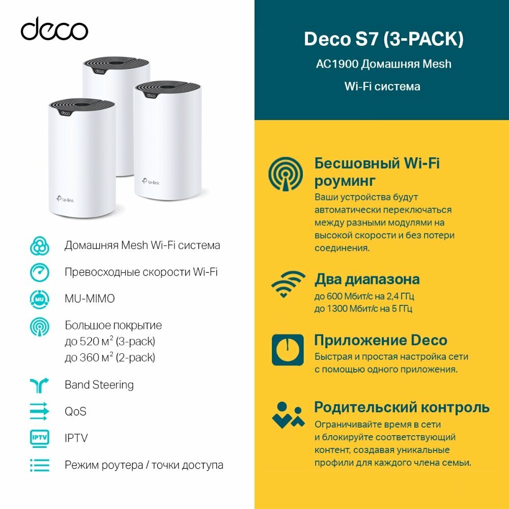 Tp-link Сетевое оборудование Deco S7 3-pack AC1900 Домашняя Mesh Wi-Fi система — фото 1