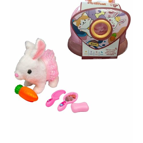 Мягкая интерактивная игрушка белый кролик на батарейках с аксессуарами, шевелит ушками, носиком, прыгает, арт 777-26А