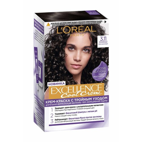 L'OREAL Крем-краска для волос Excellence Cool Crème, 258 г, 3.11, Ультрапепельный, Темно-Каштановый