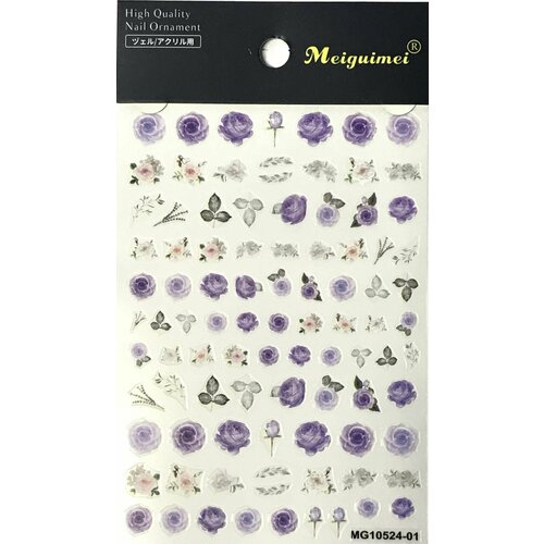 Наклейки для дизайна ногтей - цветы розы, фиолетовые и белые, 1 упаковка