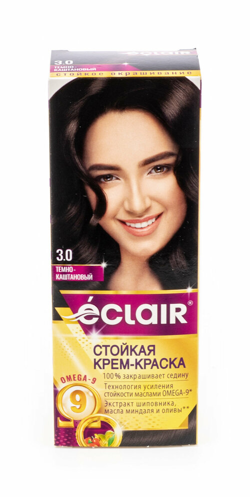 Эклаир Omega-9 Крем-краска для волос стойкая тон 3.0 темно-каштановый с экстрактом шиповника, маслом миндаля и оливы без аммиака 120мл / красящее