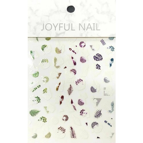 наклейки для дизайна ногтей joyful nail листья растений белые цветные полоски 1 упаковка Наклейки для дизайна ногтей JOYFUL NAIL - листья растений, 1 упаковка