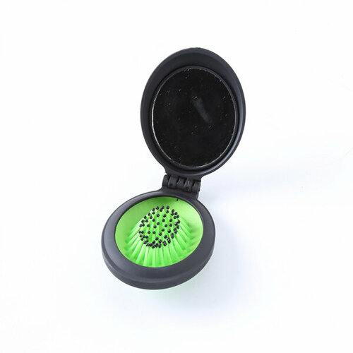 Расческа массажная круглая с зеркалом складная, цвет ярко-зеленый, неоновый зеленый