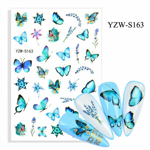 Наклейки для маникюра, слайдеры для ногтей Голубые бабочки и цветочки