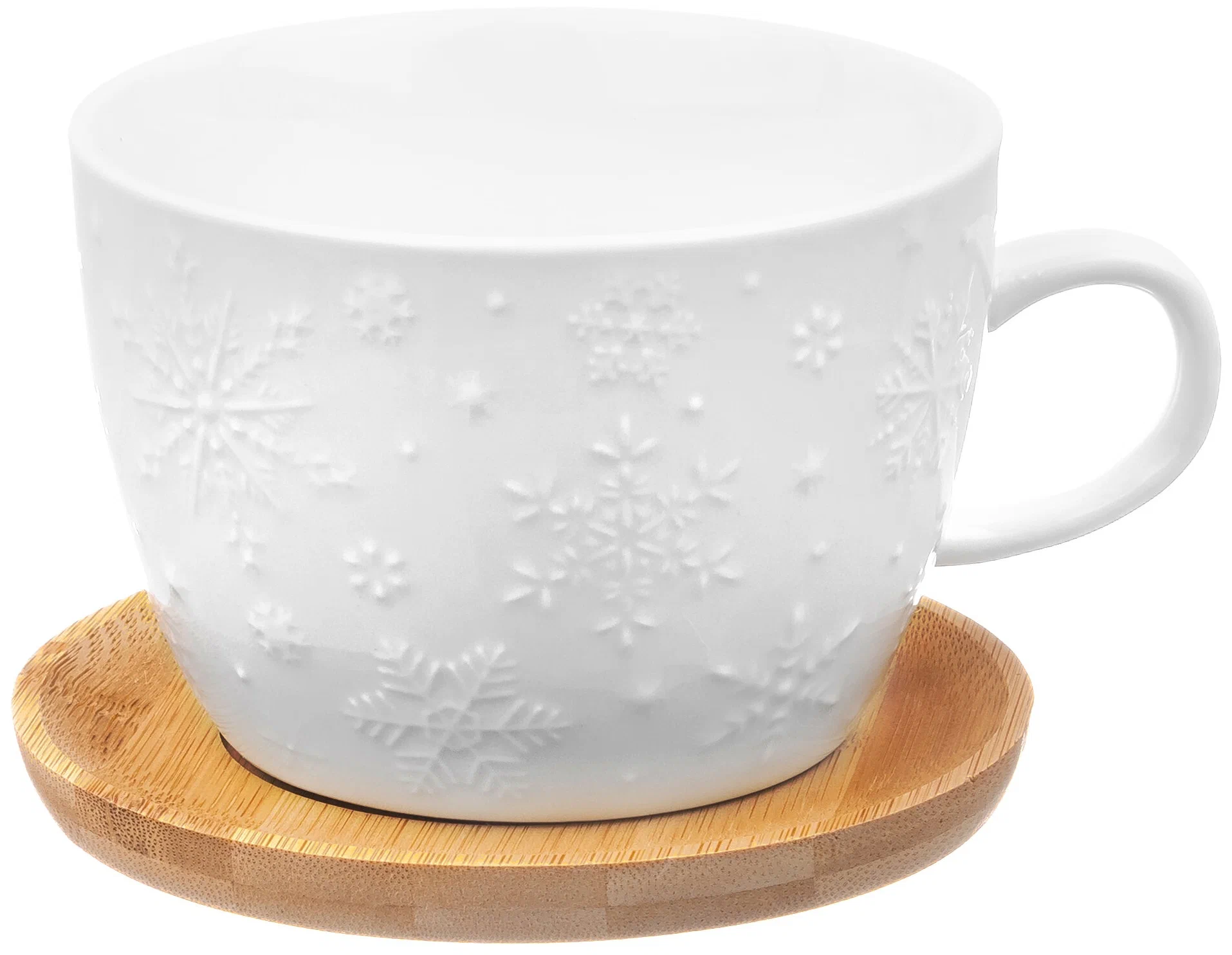 Чашка для капучино и кофе латте "Снежинки" 500мл, на деревянной подставке 540553