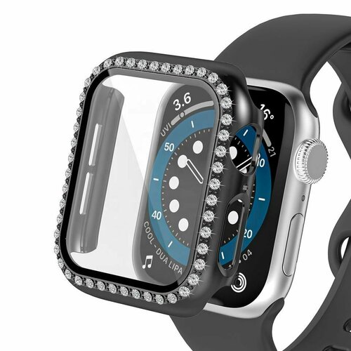 Защитный пластиковый чехол (кейс) Apple Watch Series 7 8 (Эпл Вотч) 41 мм для экрана/дисплея и корпуса противоударный бампер черный со стразами