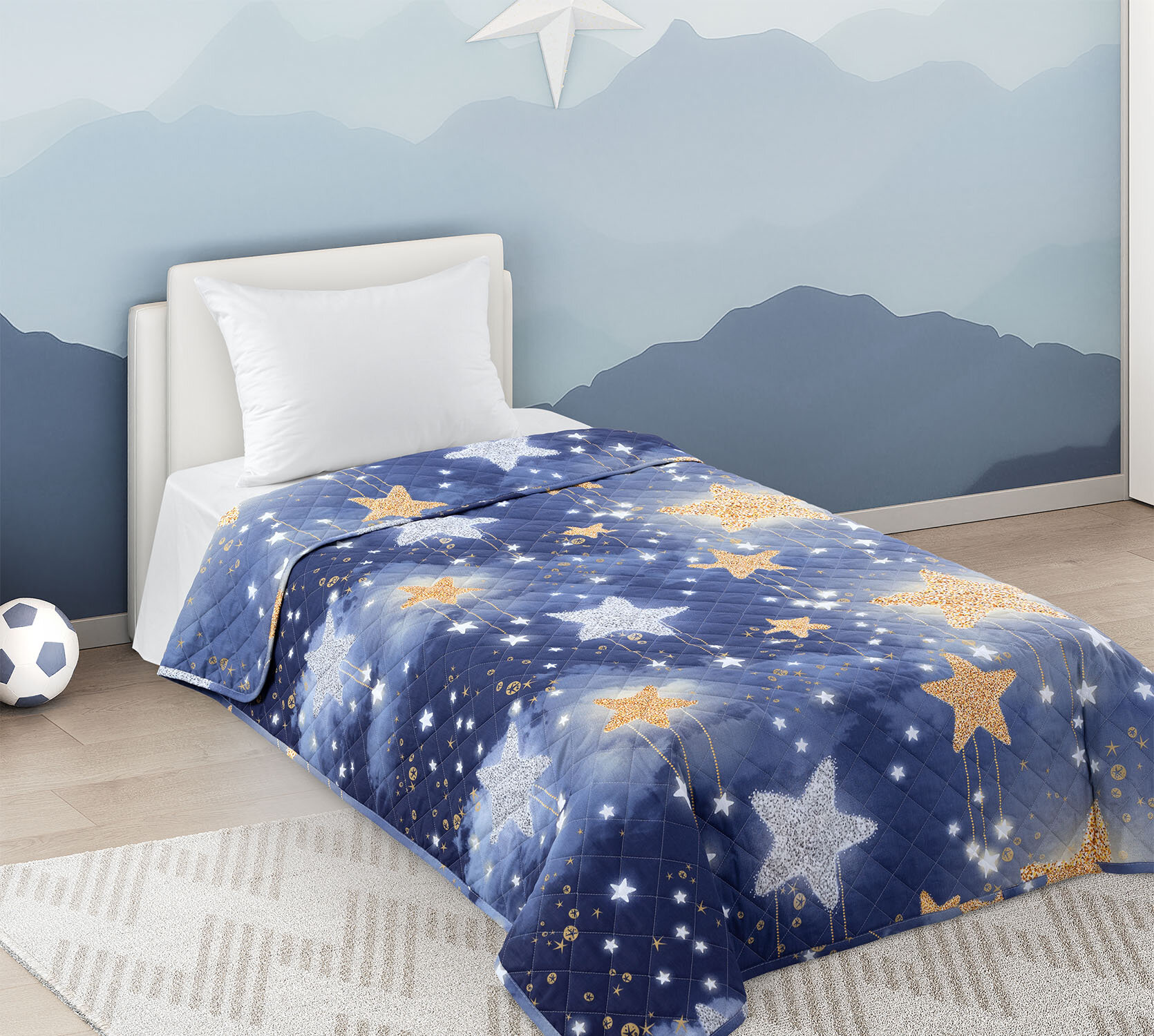 фото Покрывало Детское Стеганое 110х140 из поплина "Звездная пыль 1 син."