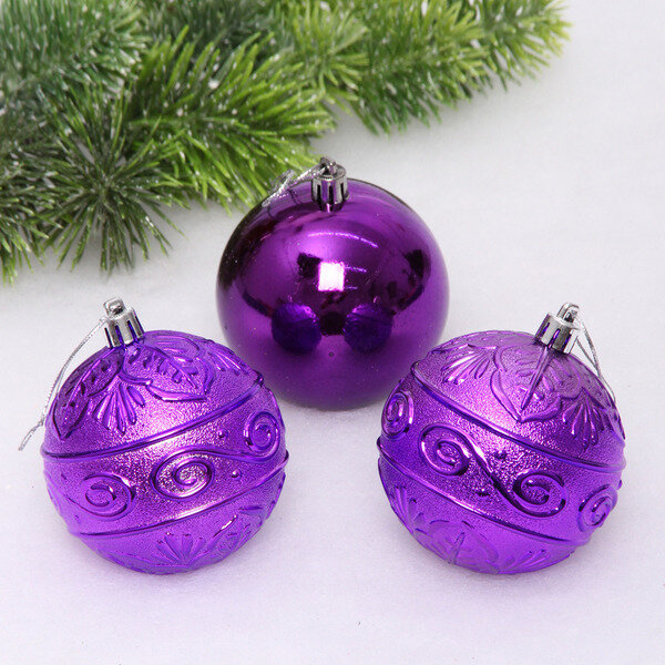 Новогодние шары 8 см (набор 3 шт) «Микс фактур», фиолетовый