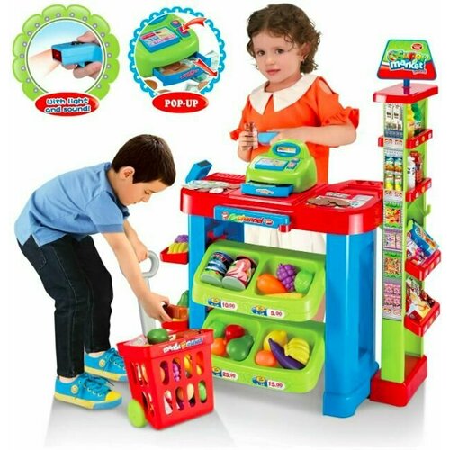 Детский супермаркет с кассовыми аппаратом и продуктами 80 см ролевые игры veld co тележка для игры в супермаркет с продуктами и кассой