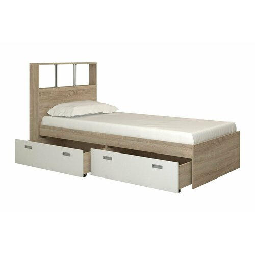 Кровать односпальная МногоМеб Бриз 6 90x200 с ящиками, дуб сонома/белый гладкий