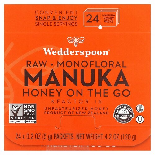 Wedderspoon, Raw Monofloral Manuka Honey On The Go, KFactor 16, 24 Pack, 0.2 oz (5 g) Each