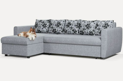 Изображение товара Угловой диван раскладной Мартин еврокнижка, левый угол, серая рогожка однотонная, рогожка с цветами