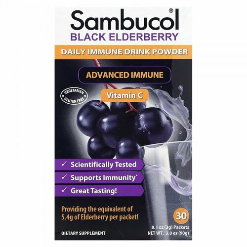 Sambucol, Black Elderberry, Daily Immune Drink Powder, Natural Berry, 30 Packets, 0.1 oz (3 g) Each