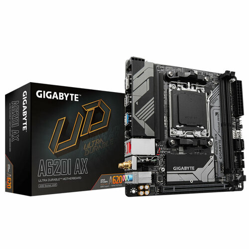 Gigabyte A620I AX, Socket AM5, AMD A620, 2xDDR5-5200, HDMI+DP, 1xPCI-Ex16, 2xSATA3(RAID 0,1), 1xM.2, 8 Ch Audio, 2.5GbLan, WiFi, (2+2)xUSB2.0, (3+2)xUSB3.2, (1+1)xUSB3.2 Type-C™, Mini-ITX, RTL A620I AX