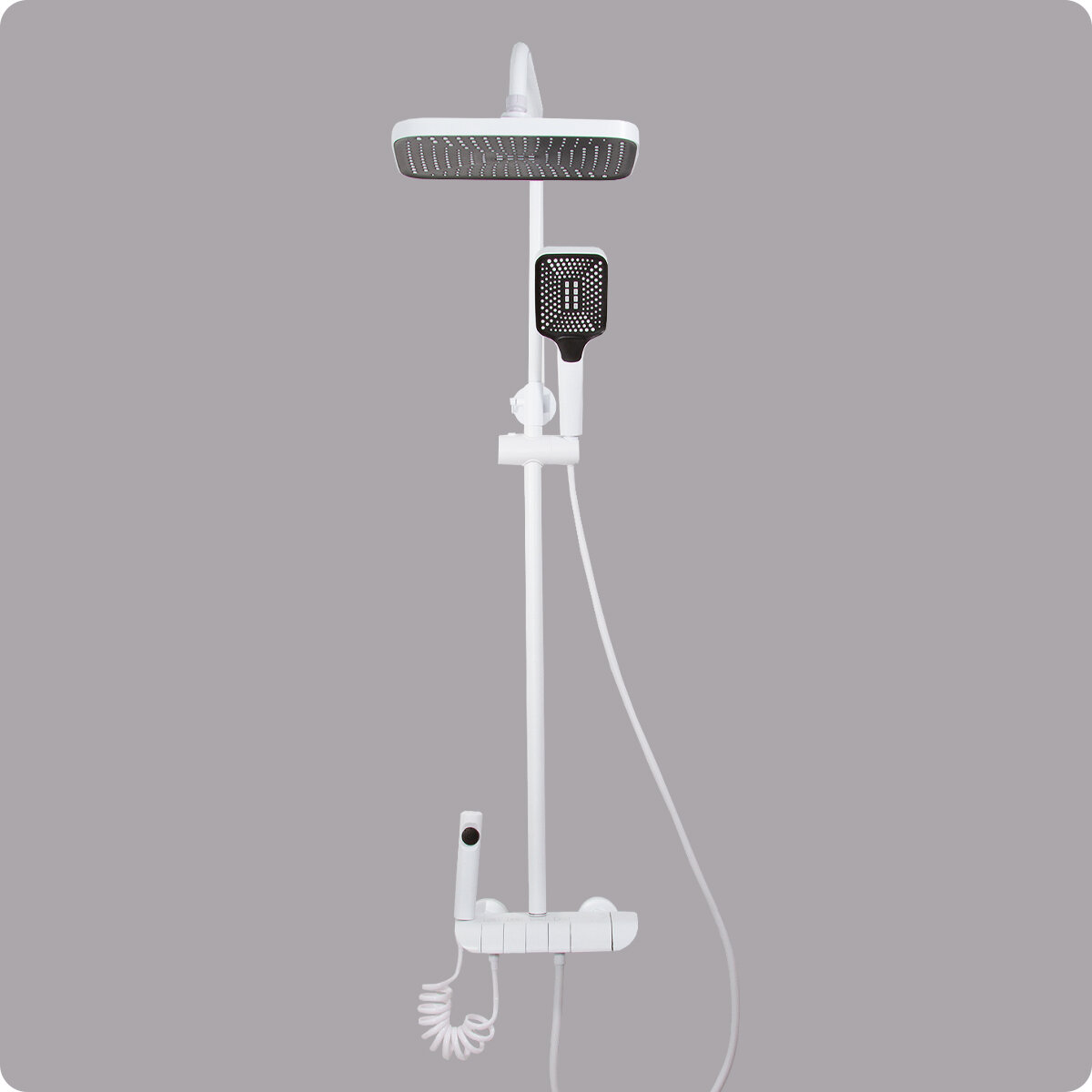 Душевая система (белая) Hans&Helma рейлинговая, термостат, 4 режима воды, тропический душ, с душевой лейкой на стену для ванной, гарнитур стойка - фотография № 10
