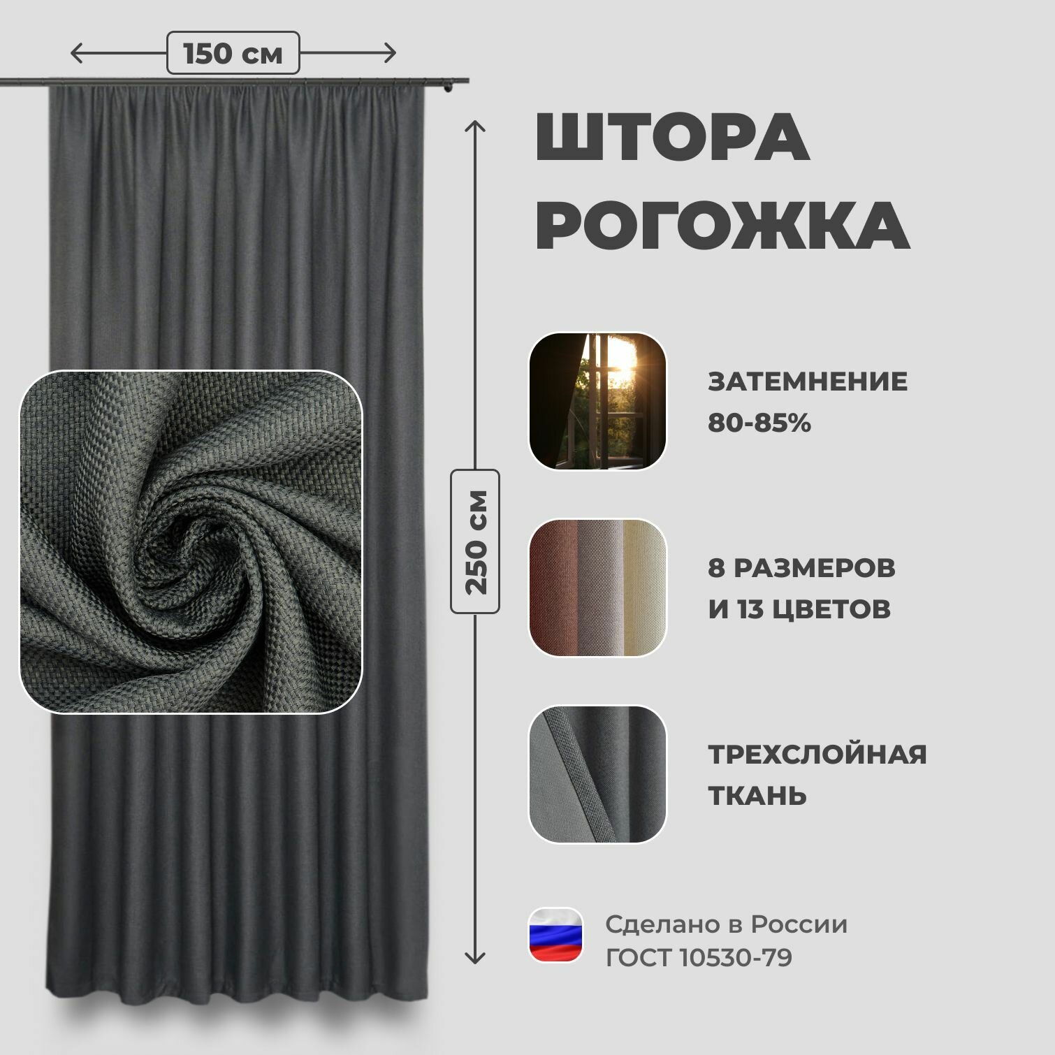 Штора для комнаты 150x250 см Блэкаут рогожка Shtoraland на ленте для крючков одна портьера для гостиной спальни детской. Темно-серый цвет (графит)