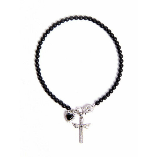 Колье НА ЦАЦКАХ, фианит, длина 36 см, черный, серебряный