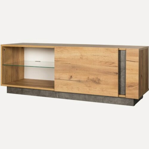 Изображение товара Тумба под ТВ Mobi Арчи 10.85 цвет дуб крафт золотой/камень тёмный, есть подсветка за стеклом по торцу полки