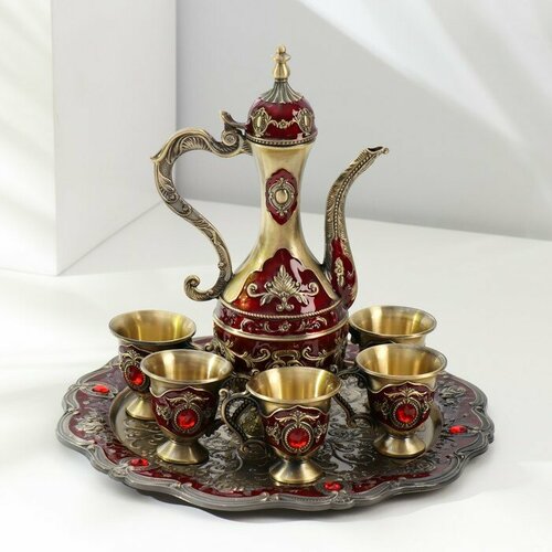 Набор чайный кувшин, 6 бокалов и поднос Стамбул Розы и узоры красный с золотом