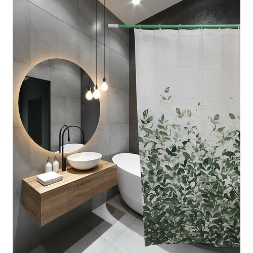 Штора для ванной комнаты 180х180 PEVA 60619 с кольцами Зеленые листья (П178) SANTREK HOME