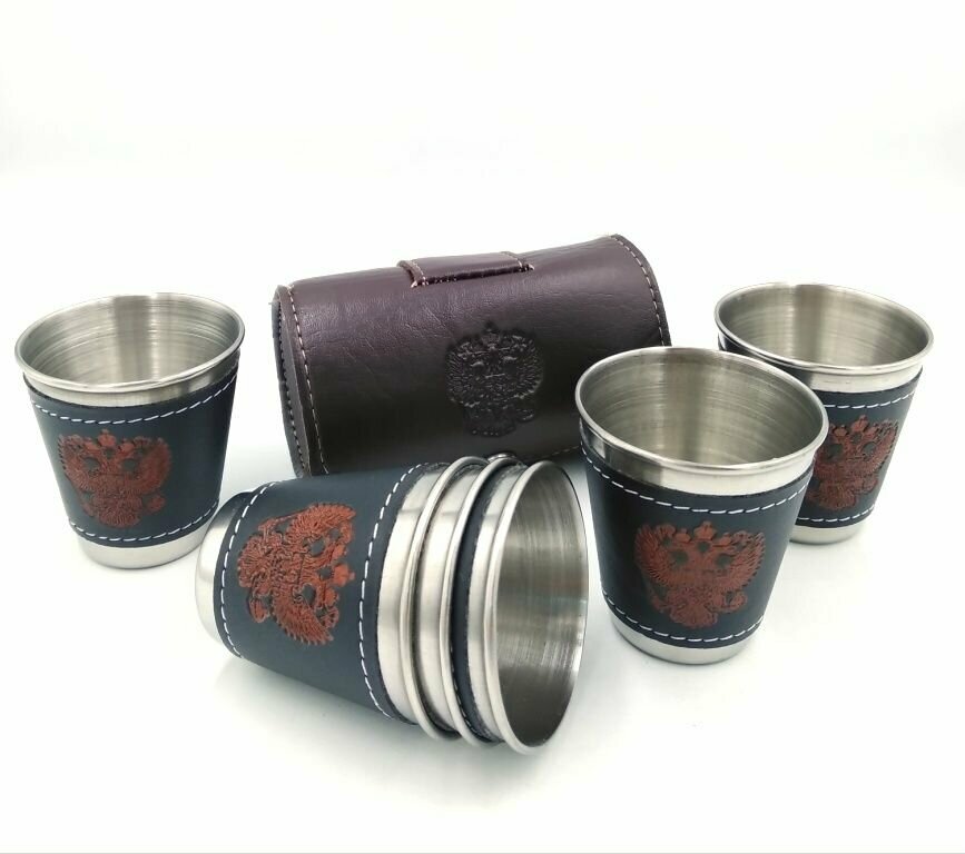 фото Стопки рюмки для водки набор в чехле 6шт 75мл малые нержавейка Герб России кожа, металлические походные для туризма пикника рыбалки, коньяка виски