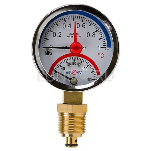 Термоманометр Экомера МД04-63 мм, 0.1,0 МПа, 0.+160°С, G 1/4 с переход. на G 1/2, радиальный, корпус-сталь, черный, Эко-М МД04-63-G-1МПа-160-РИ манометр радиальный 1 мпа 1 4 70 мм