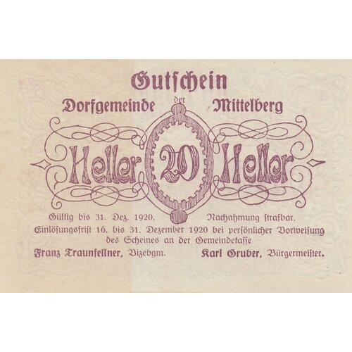 Австрия Миттельберг 20 геллеров 1914-1920 гг. австрия химберг 20 геллеров 1914 1920 гг 6