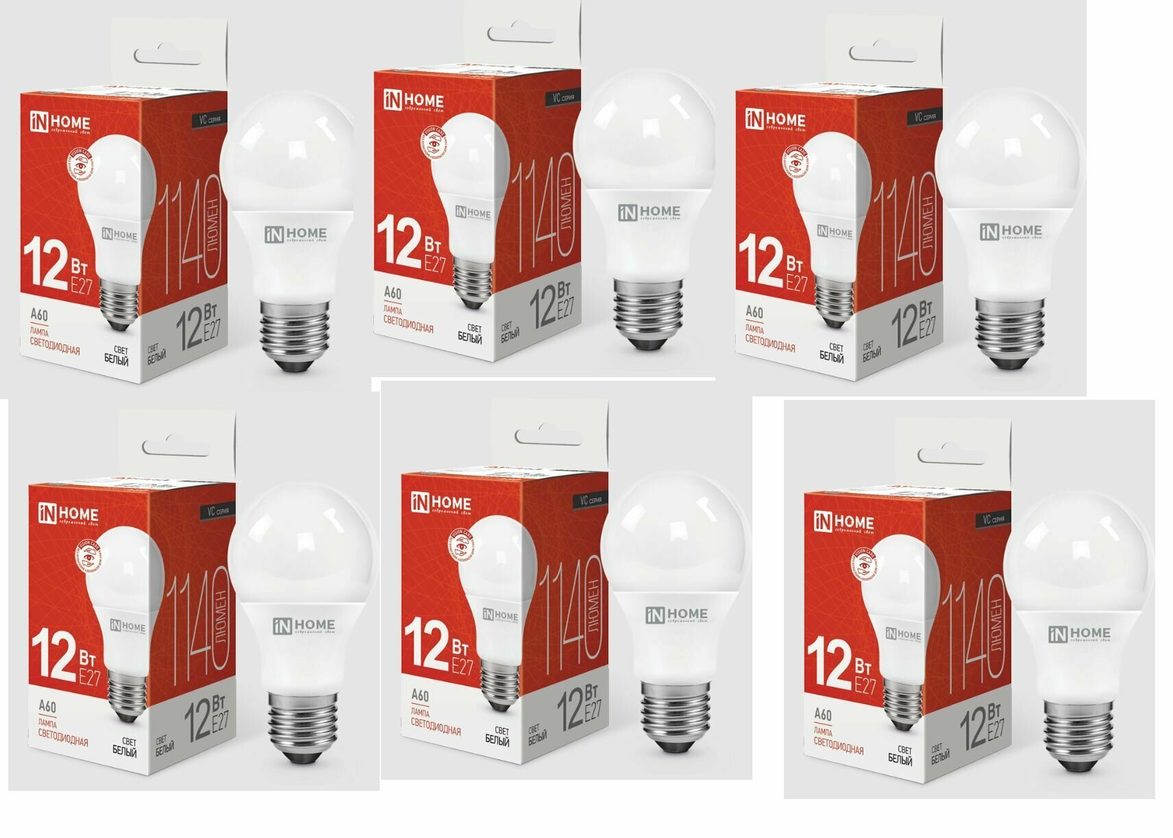 IN HOME Лампочка LED-А60-VC 12Вт 230В Е27 4000К 1140Лм - 6 шт