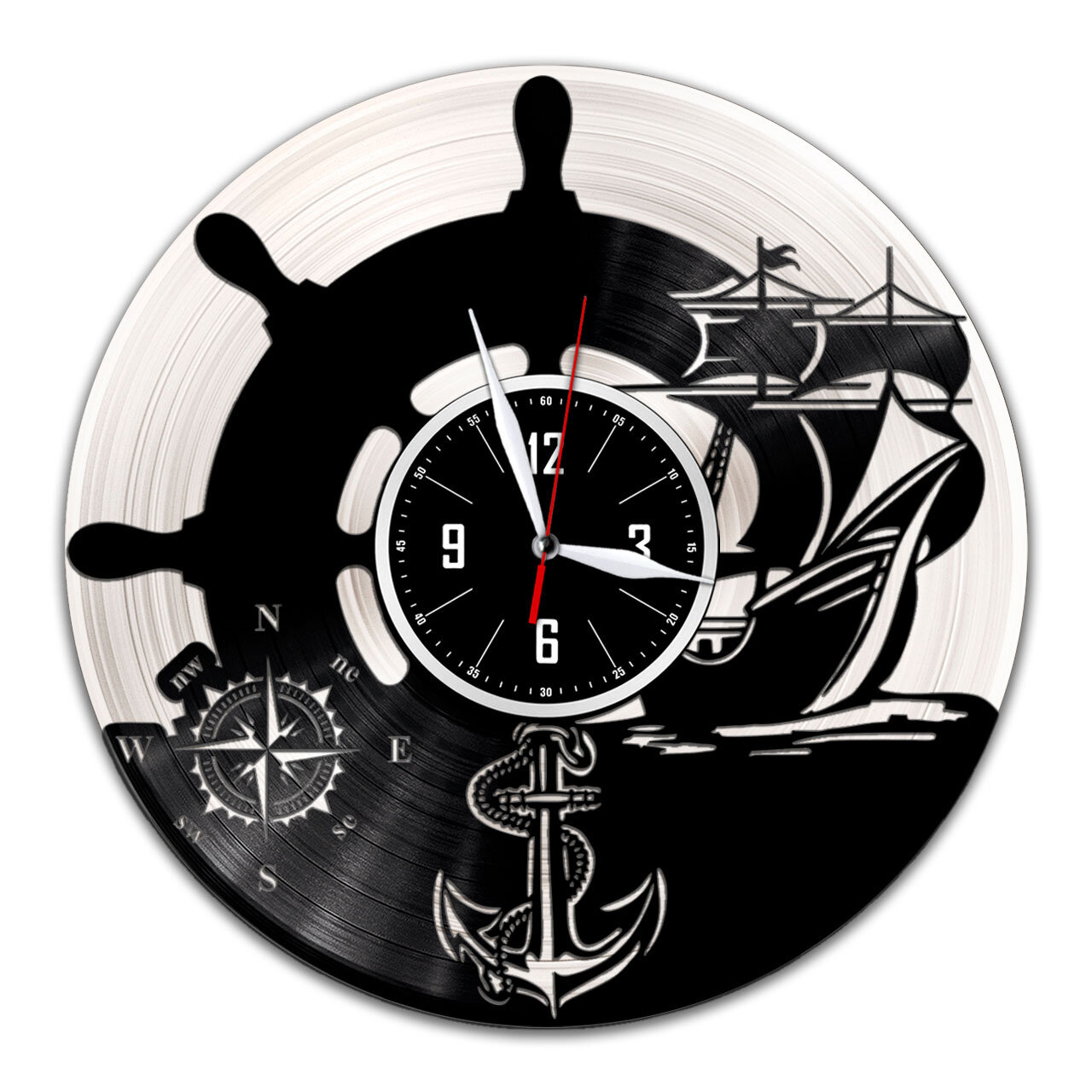 Морские - настенные часы из виниловой пластинки (с серебряной подложкой)