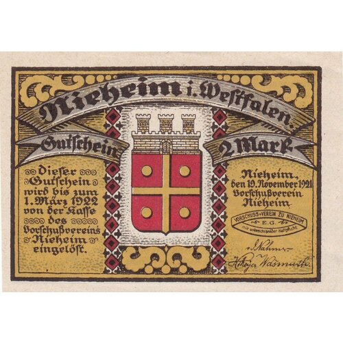 Германия (Веймарская Республика) Нихайм 2 марки 1921 г. германия веймарская республика арнсберг 2 марки 1921 г