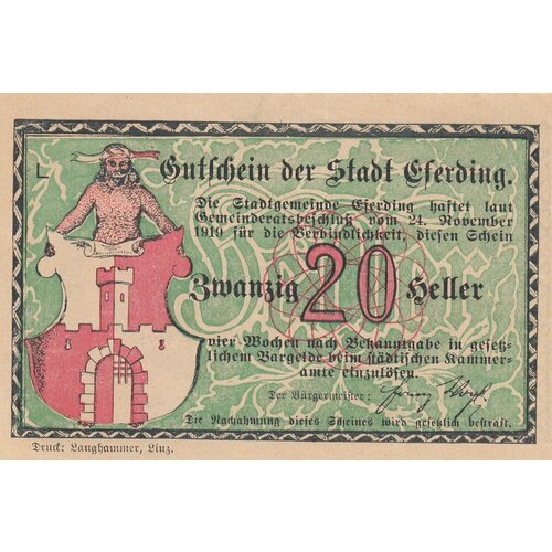 Австрия, Эфердинг 20 геллеров 1919 г. (L) австрия эфердинг 20 геллеров 1919 г u