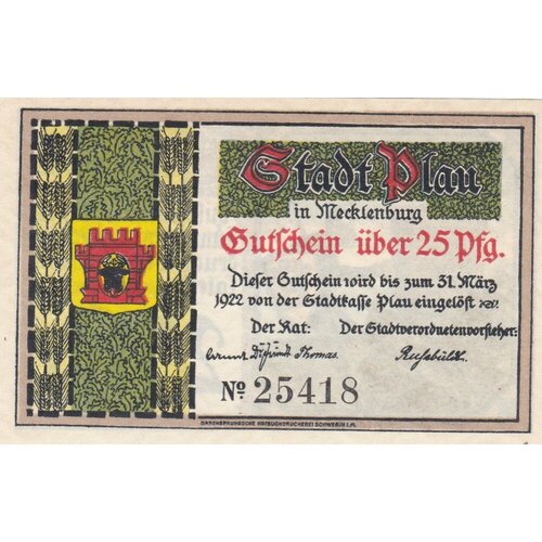 Германия (Веймарская Республика) Плау-ин-Мекленбург 25 пфеннигов 1922 г. (2)