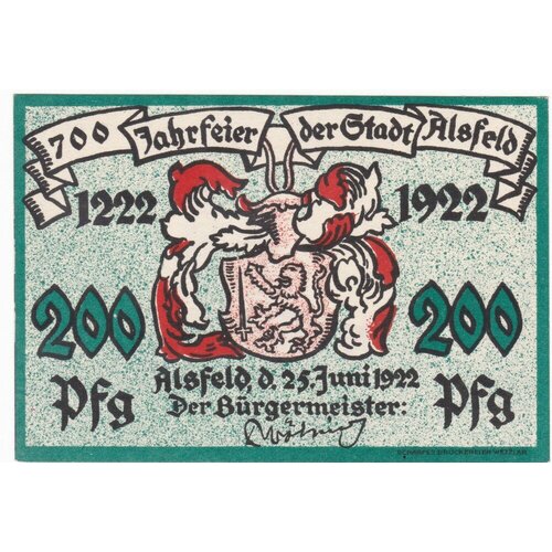 Германия, Альсфельд 200 пфеннигов 25.06.1922 г. 1922 банкнота германия 1922 год 1 000 марок вод знак ромбы 3 й выпуск vf