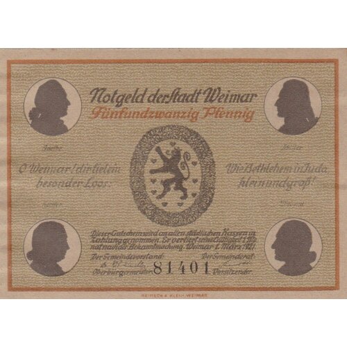 Германия (Веймарская Республика) Веймар 25 пфеннигов 1921 г. (№4) банкнота нотгельды германия 25 пфеннигов 1921 год серия веймар купюра бона