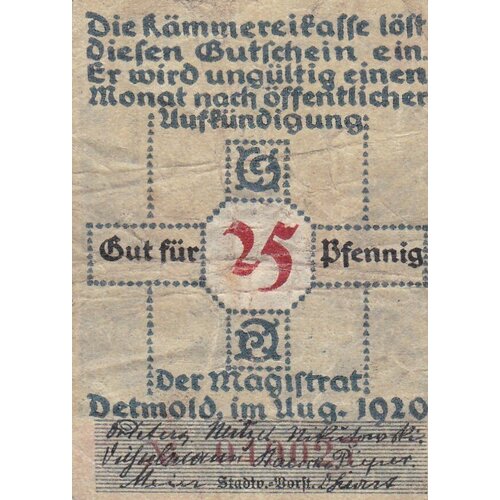 Германия (Веймарская Республика) Липпе-Детмольд 25 пфеннигов 1920 г. (6) германия веймарская республика липпе детмольд 25 пфеннигов 1920 г 4