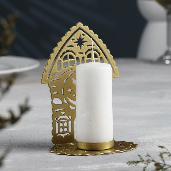 Подсвечник "Домик с часами" металл на одну свечу, 6,7х10х13,5 см, золотой - фотография № 1