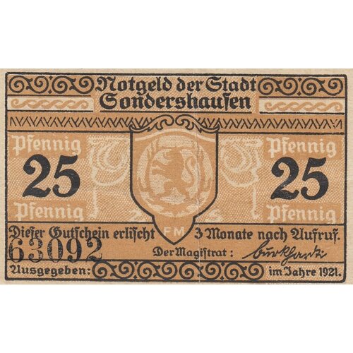 Германия (Веймарская Республика) Зондерсхаузен 25 пфеннигов 1921 г. германия веймарская республика зондерсхаузен 25 пфеннигов 1921 г