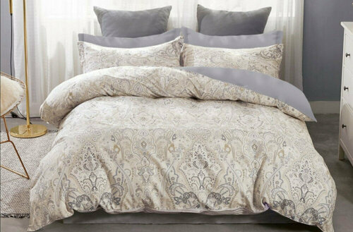2 спальное постельное белье двустороннее сатин бежевое с восточными узорами