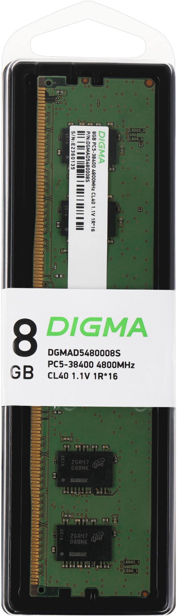 DIGMA Память DDR5 8Gb 4800MHz Digma DGMAD5480008S RTL PC5-38400 CL40 DIMM 288-pin 1.1В single rank Ret