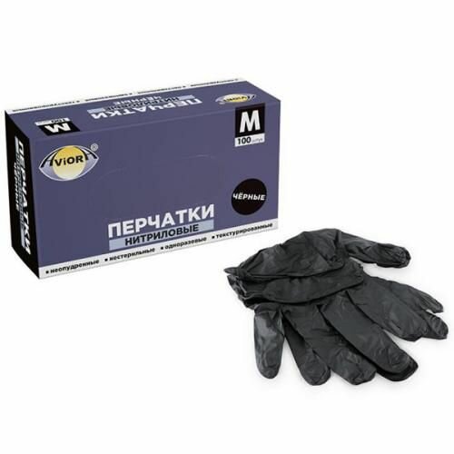 Aviora Перчатки нитриловые, черные, размер M, 100шт. в уп.