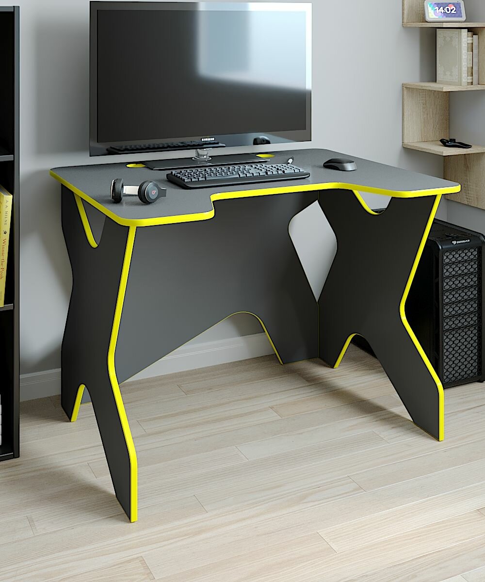 Игровой компьютерный стол для геймера, стримерский для игр на пк, размещения компьютера и нескольких мониторов цвет Антрацит с жёлтым, 100 х 80 х 75 см, Феликс