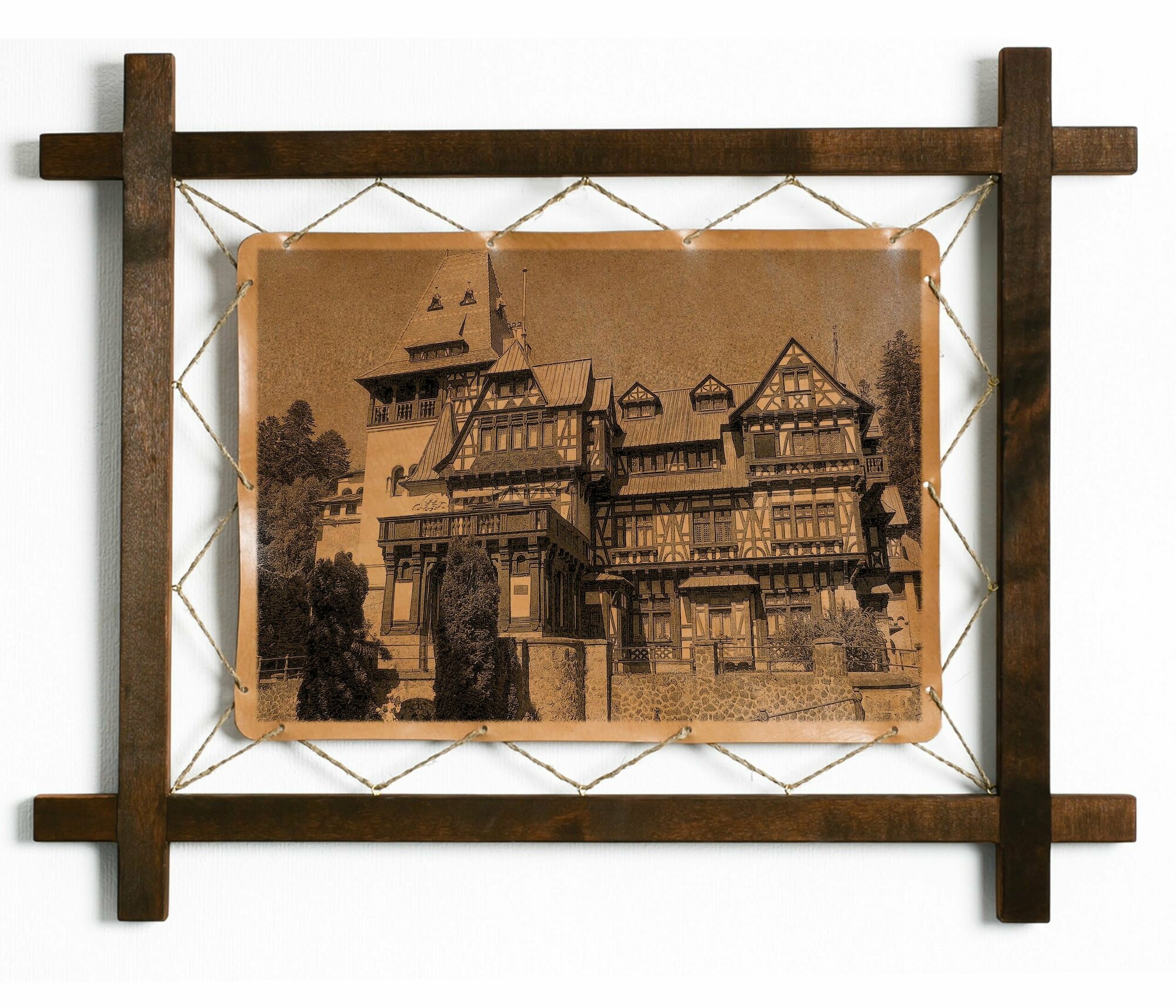 Картина Замок Пелишор, гравировка на натуральной коже, интерьерная для украшения и декора на стену в деревянной раме, подарок, BoomGift