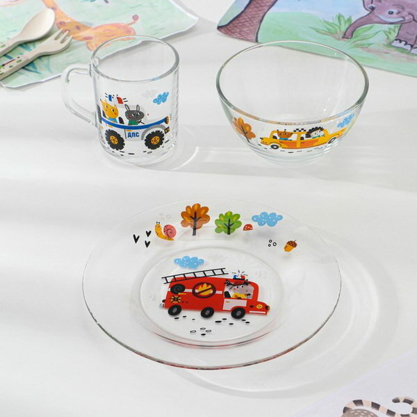 Набор стеклянной детской посуды "Спецтехника", 3 предмета