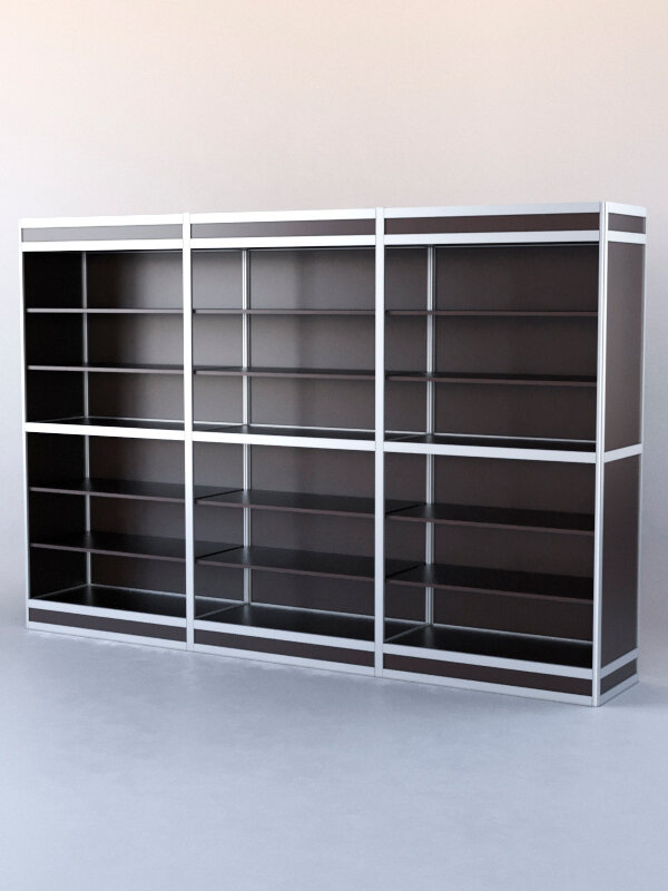 фото Витрина-стеллаж из ал. профиля №3-1 (3-ех метровая), Дуб Венге 300 x 50 x 200 см (ДхШхВ)