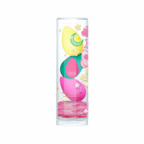 beautyblender набор спонжей dripping in diamonds с мылом 2 шт розовый голубой Набор BEAUTYBLENDER Rocket to Flawless, спонж - 3шт (розовый, зеленый, желтый), мыло без аромата - 2/16г, силиконовая подушечка - 1шт