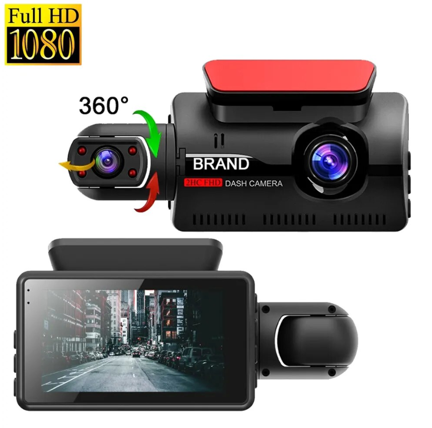 Автомобильный видеорегистратор с двумя камерами / Full HD 1080P / HDR / G-Sensor / IPS дисплей / Основная камера + Камера салона с углом обзора 360°