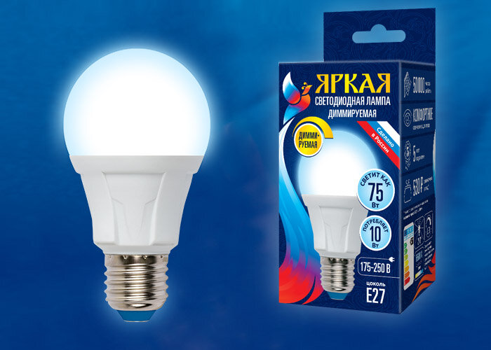фото Лампа диммируемая LED-A60 10W/6500K/E27/FR/DIM PLP01WH Uniel UL-00004285