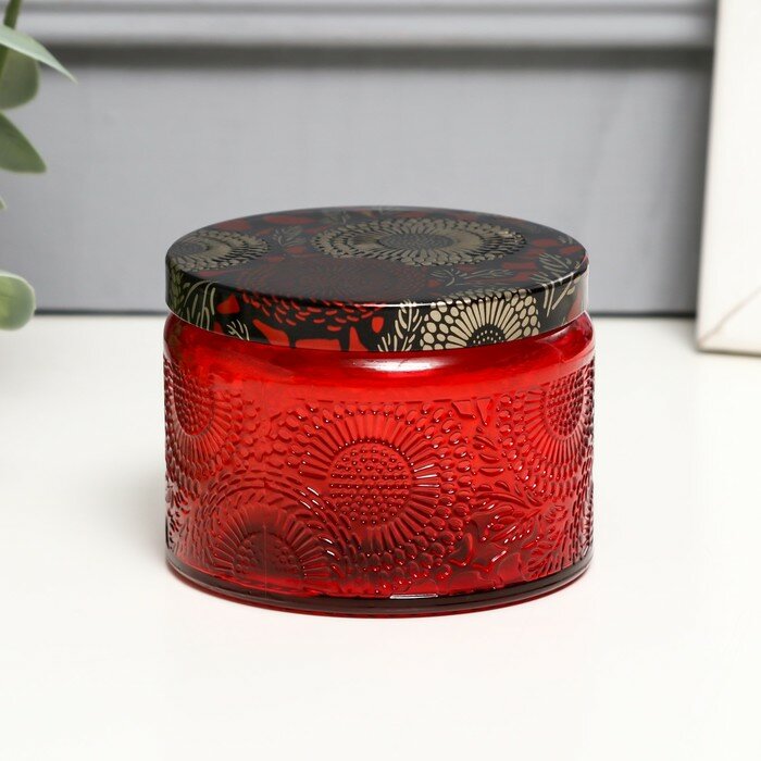 фото Банка для свечей стекло с крышкой "Цветочная" красная, круглая 5х7х7 см